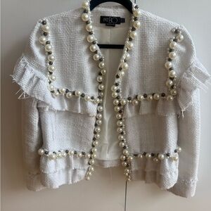 PatBO Ivory Tweed Jacket with Pearl Accents